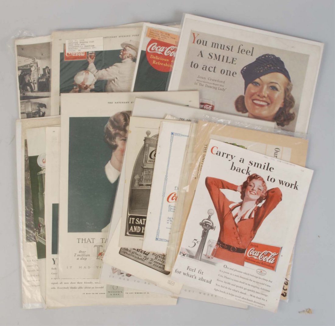 Small Group of 1920s Coca-Cola Magazine Ads.: Some nice graphics of good interest. The wear varies from light to moderate. Condition (Very Good - Excellent). Size Largest: 13 - 1/2" x 10 - 1/4".