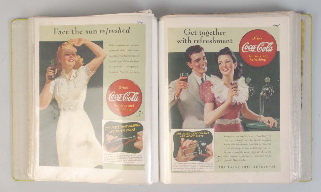 Large Book with Over 100 Coca-Cola Magazine Ads.: 1930s -1960s with some nice examples included. Condition (Very Good - Excellent). Size 14 - 1/2" x 12 - 1/2".