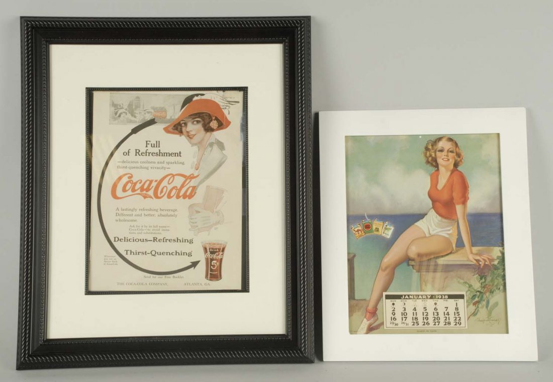 Lot of 2: Framed Advertisements.: 1938 tobacco ad. Framed under glass. Coca-Cola ad 1913. Tear at top right. Condition (Excellent). Size Largest: 23 - 1/2" x 19 - 1/2".