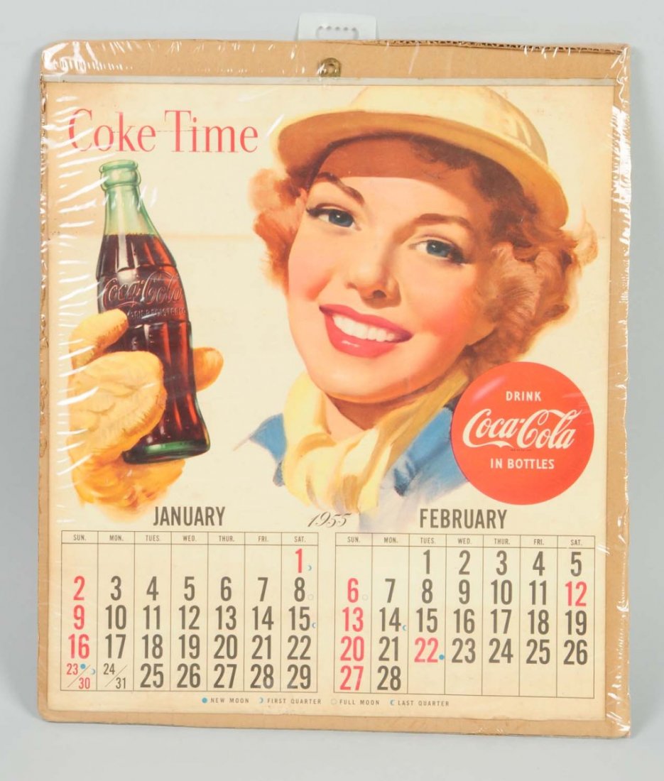1955 Coca-Cola Calendar.: Light soiling and mild stains. Condition (Excellent). Size 15" x 17".