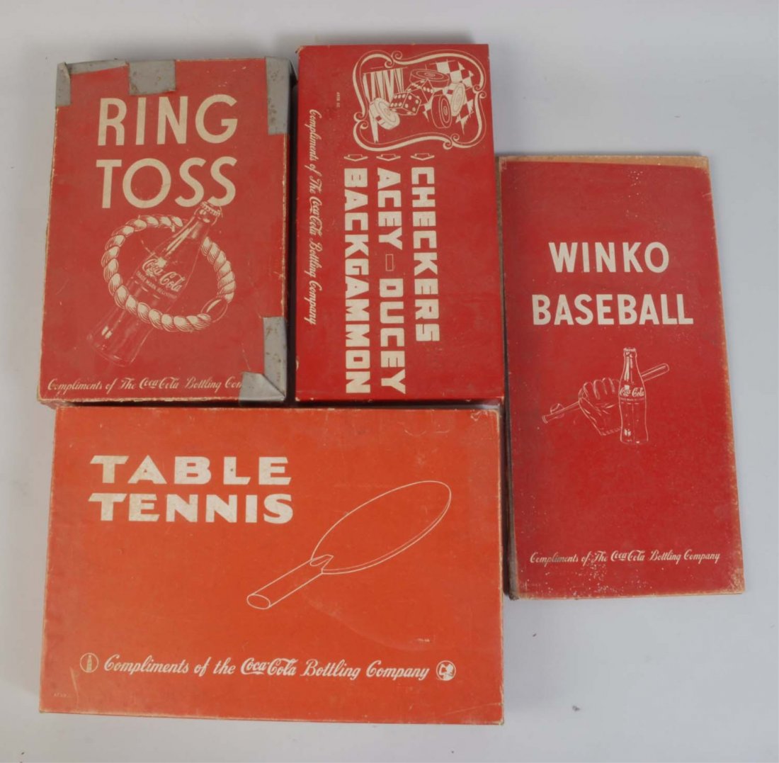 Lot of 4: Coca-Cola Games.: Typical wear and soiling. Condition (Good - Very Good). Size Largest: 18 - 1/2" L.