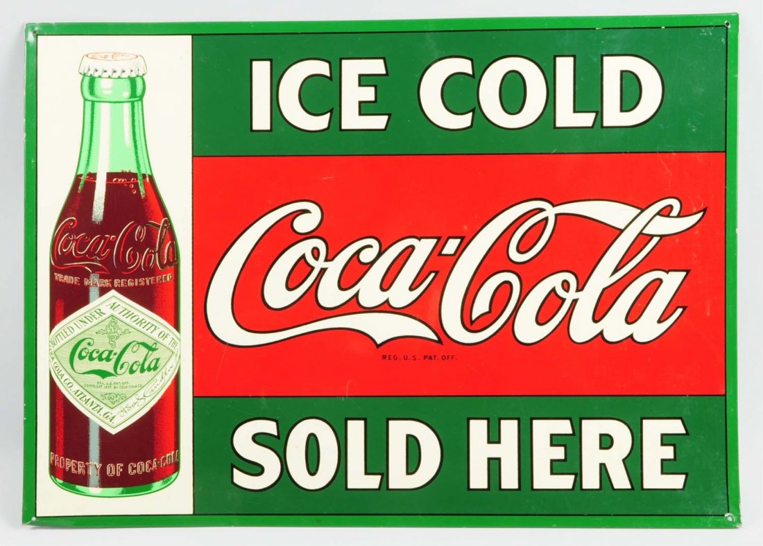 Tin Ice Cold Coca-Cola Sold Here Sign.: Minor cornice loss near holes. Condition (Excellent). Size 28" x 20".