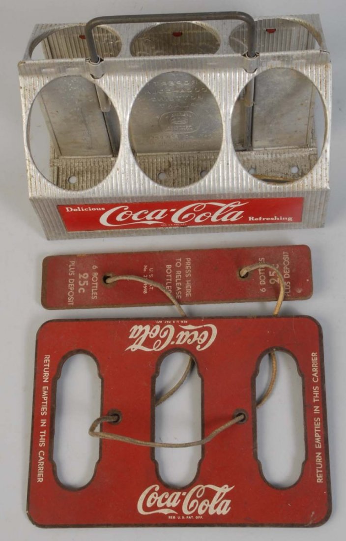 Lot of 2: Coca-Cola Carriers.: Average wear and soiling. Condition (Very Good). Size Largest: 8" L.