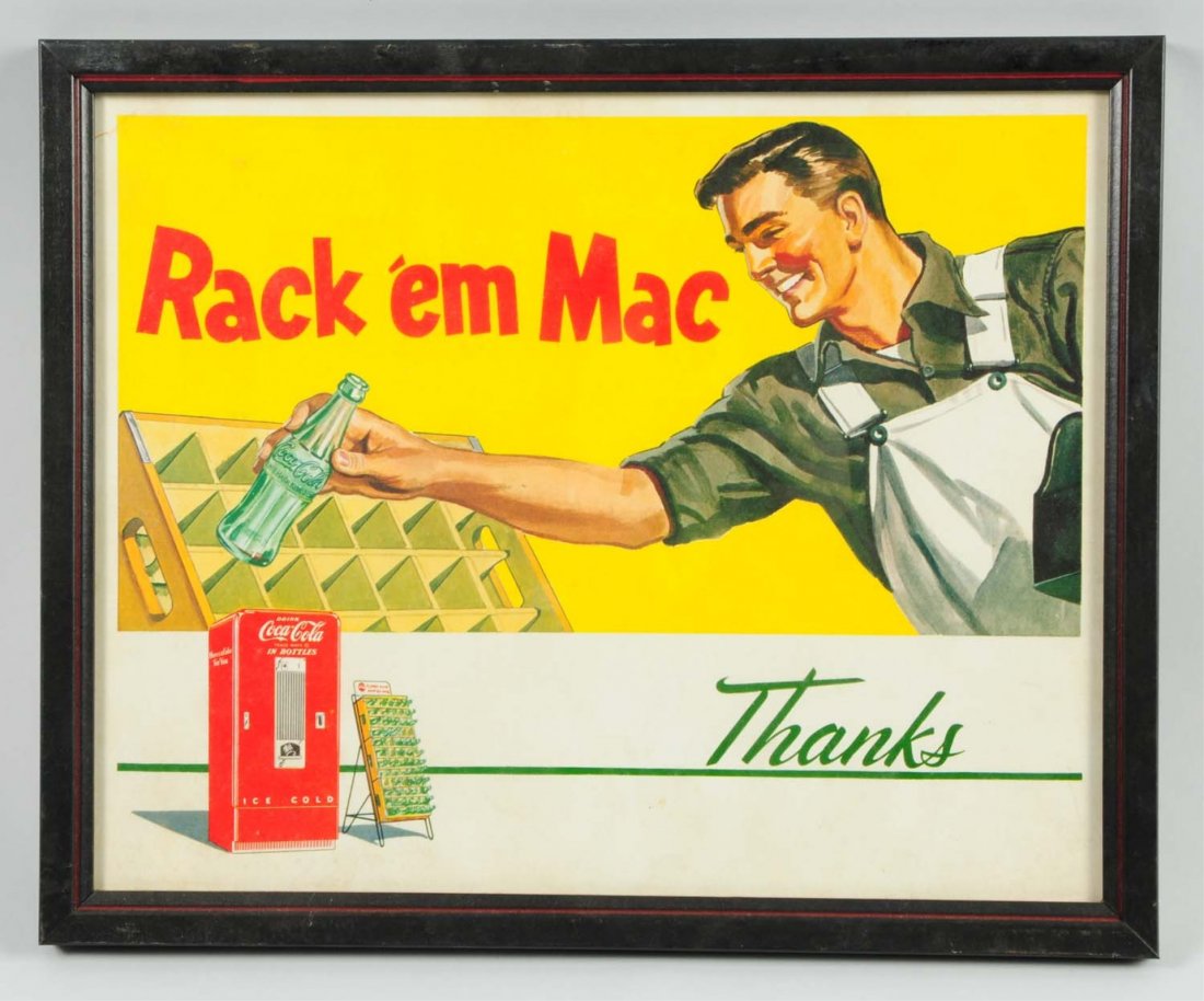 Coca-Cola Cardboard Sign.: "Rack 'em Mack". Framed under glass. Condition (Excellent). Size Framed: 13 - 1/4" x 16 - 1/4".
