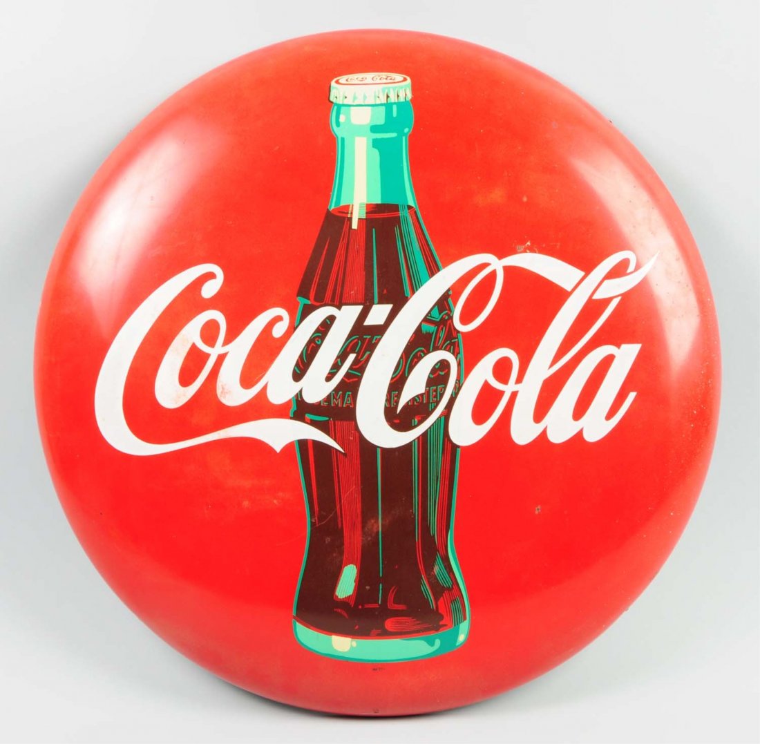 Coca-Cola Advertising Buttom.: Minor stains and a few pits. Condition (Excellent). Size 24" Dia.