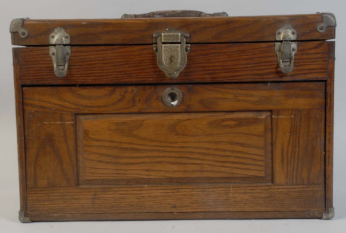 Wooden Tool Chest with Tools.: Drawer and tools. Condition (Excellent). Size 20" L.