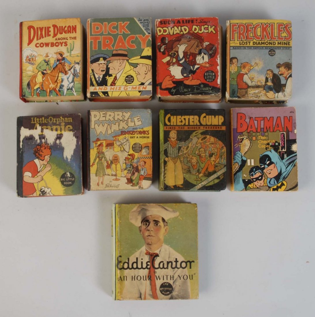 Lot of 9: Big Little Books.: Dixie Duncan Among The Cowboys, Dick Tracy, Donald Duck, Freckles Lost Diamond Mine, Little Orphan Annie, Perry Winkle, Chester Gump, Batman, and Eddie Cantor. Condition (Very Good - Excellent). Size 