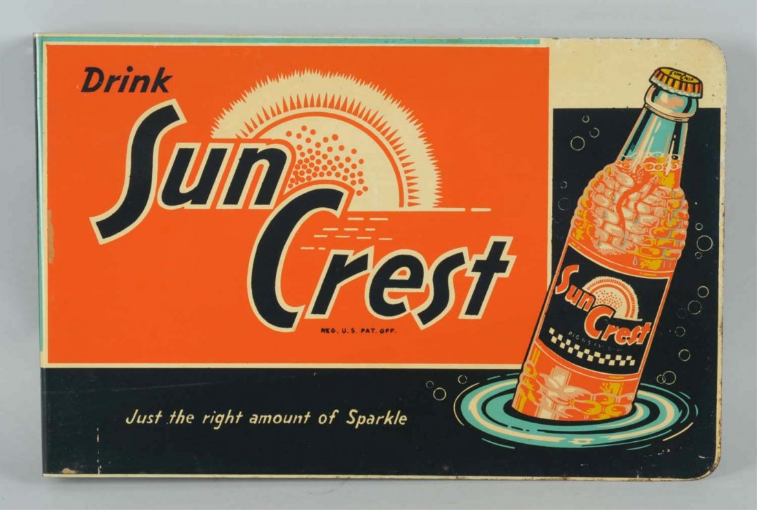 Sun Crest Tin Flange Sign.: Great color, with only a few minor scratches and lightest of edge wear. 1940's-50's sign with bright color! Condition (Near Mint). Size 18" x 11 - 3/4".