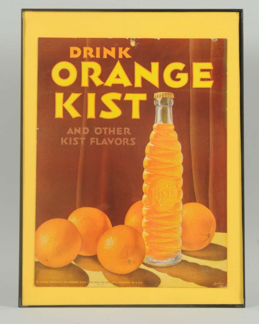 1930s-40s Orange Kist Cardboard Sign.: Only the lightest of any wear with a few small edge bumps. Condition (Near Mint). Size Framed: 16" x 12 - 1/4".