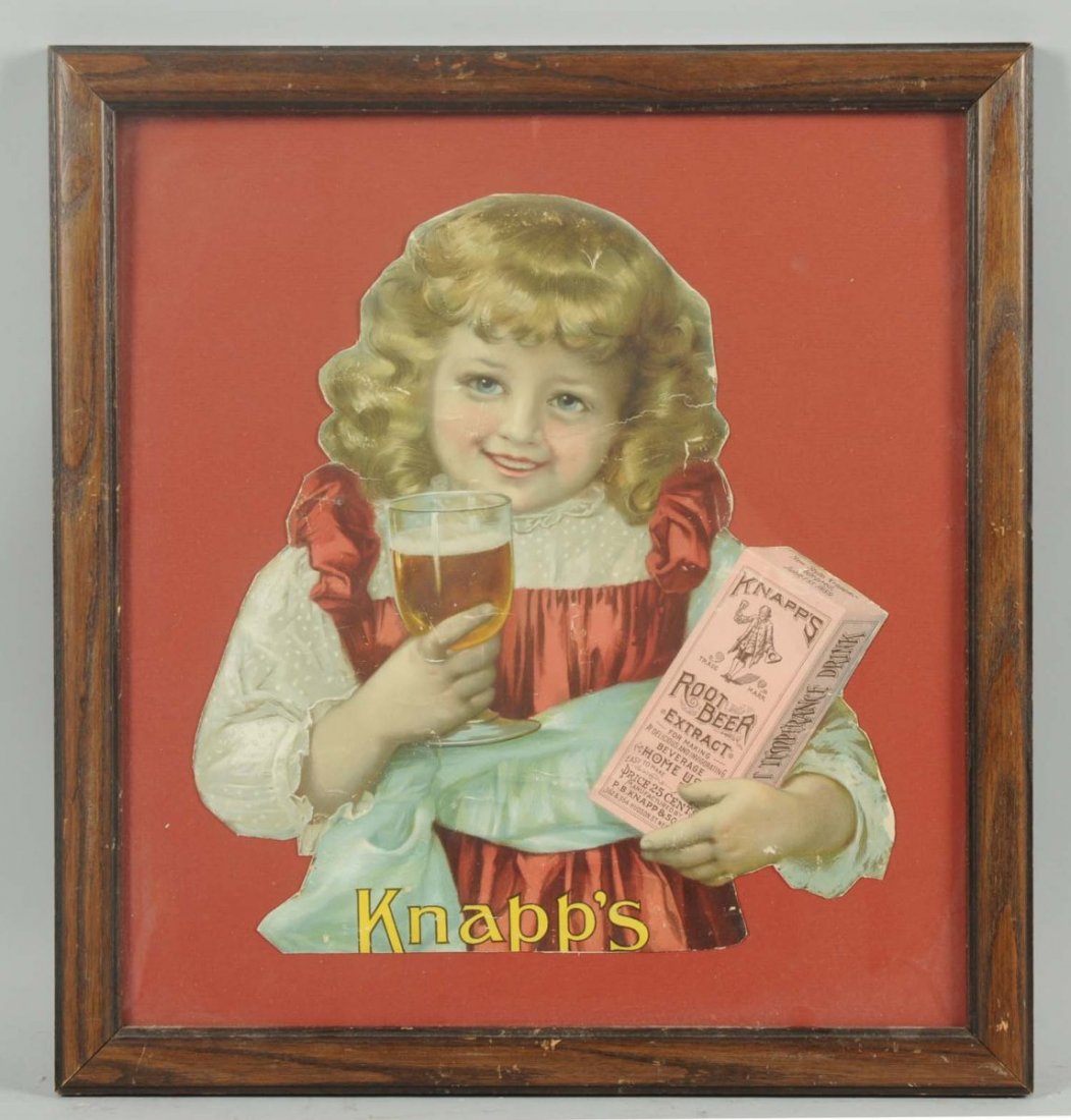 Early Knapps Root Beer Framed Sign.: Overall wear and the entire perimeter has been trimmed. Condition (Good). Size Framed: 19 - 1/2" x 18 - 1/4".
