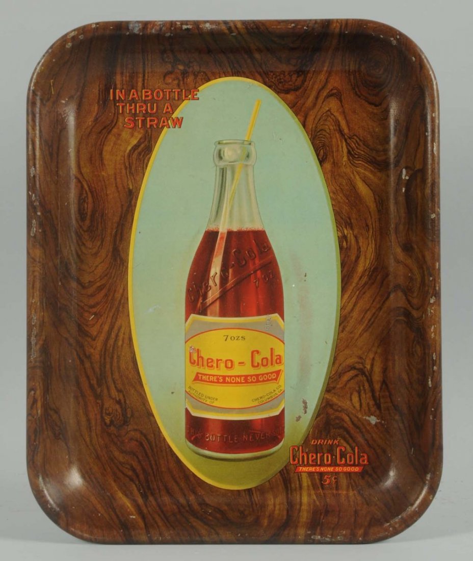 Chero-Cola 1920s Serving Tray with Bottle.: A few surface nicks in colors, minor marks and crazing, small border and edge nicks. Condition (Very Good). Size 13 - 1/4" x 10 - 1/2".