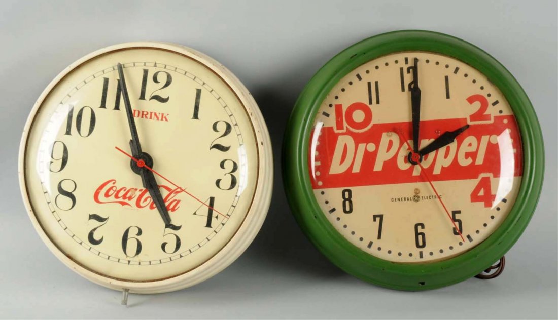 Lot of 2: Clocks - Coca-Cola & Dr Pepper.: Drink Coca-Cola clock in metal frame and Dr Pepper 10, two, and four clock in plastic frame, both have minor wear, Coca-Cola clock works, Dr. Pepper does not, Dr Pepper is a General Electric. Conditio