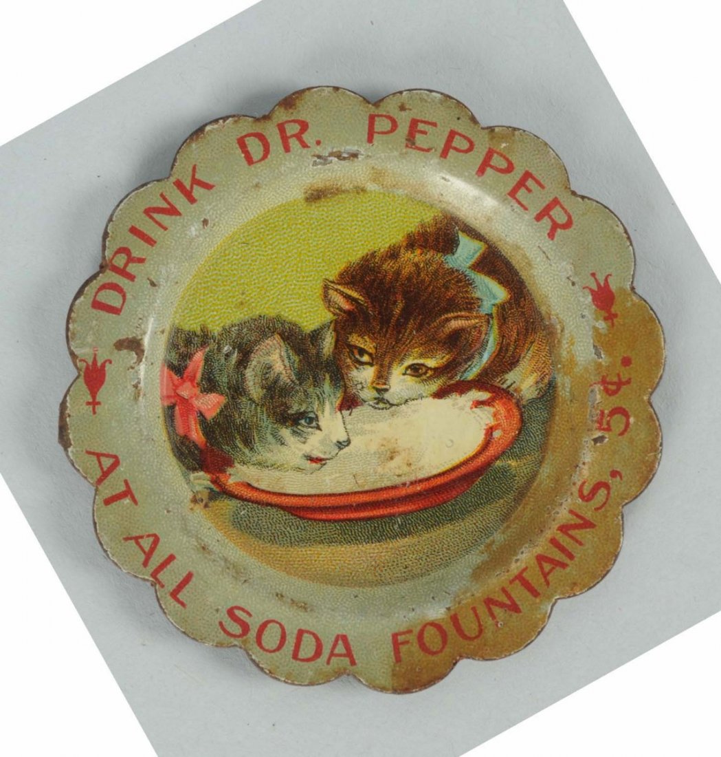 1900-05 Dr. Pepper Needle Tray With Cats.: Light wear and nicks with a few border stains. Condition (Very Good). Size 2 - 1/2" Dia.