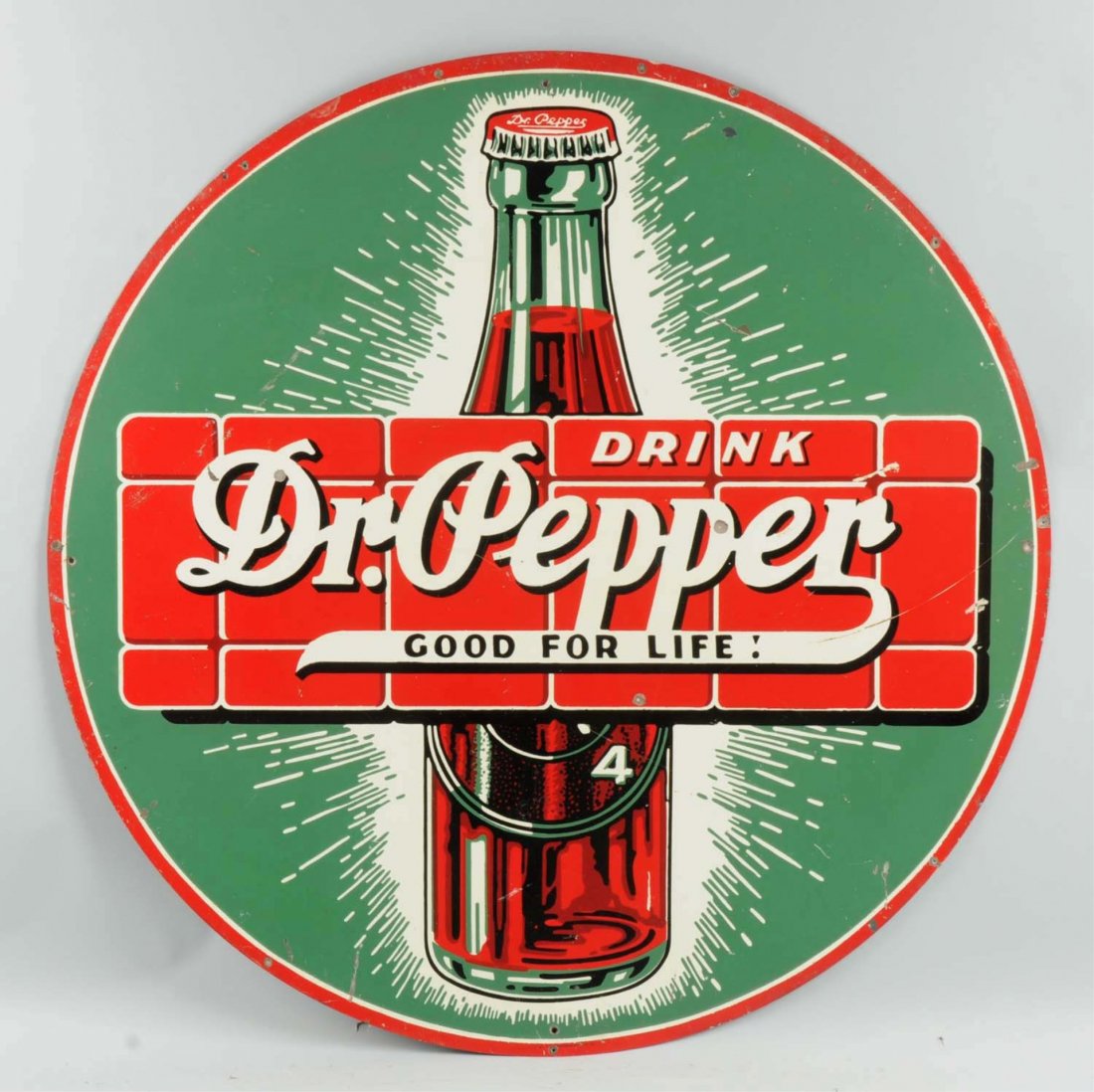 Rare 1936 Dr. Pepper Round Tin Sign.: Featuring the bottle with halo under the logo, with strong color and shine remaining. A few old mounting holes at and on the borders with just a few shallow bends or crimps, light scratches and nicks,