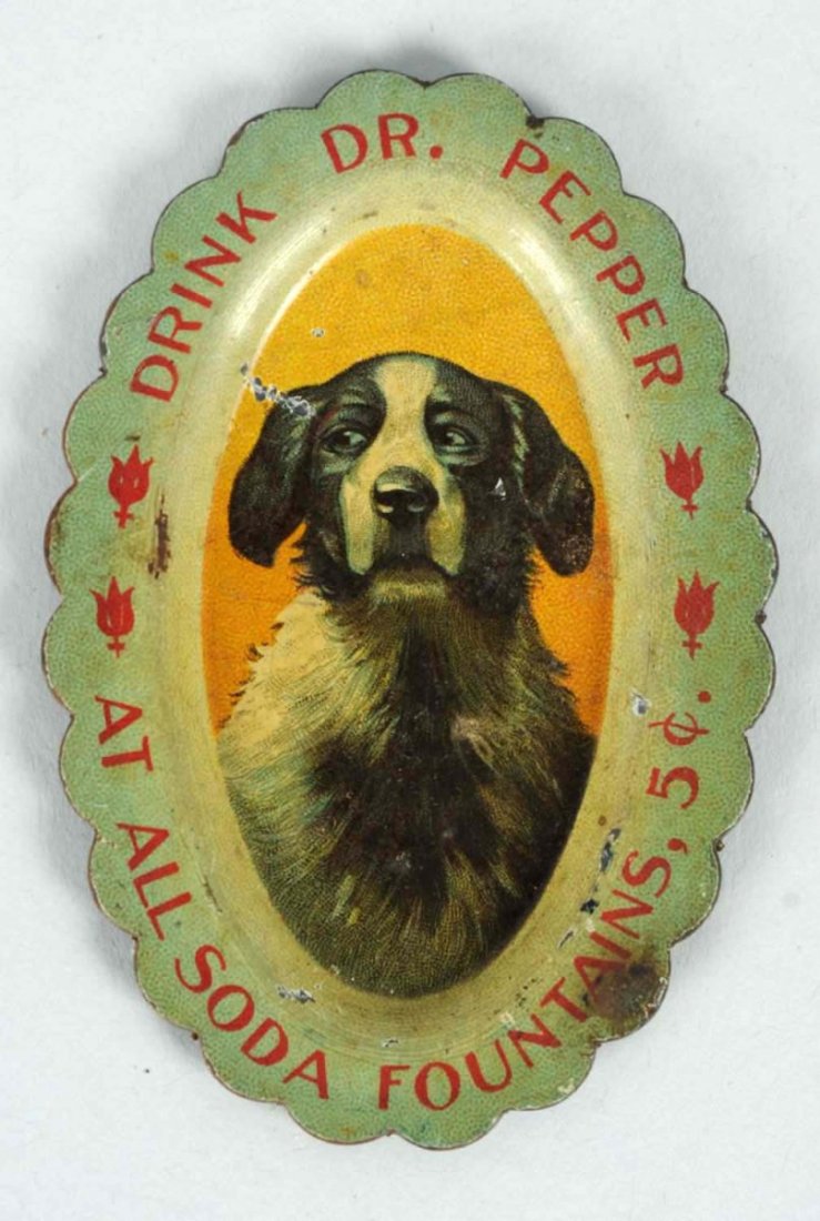 1900-05 Dr. Pepper Needle Tray With Dog.: A few small nicks, mildest wear and crazing, small stain. Condition (Very Good). Size 3 - 1/4" T.