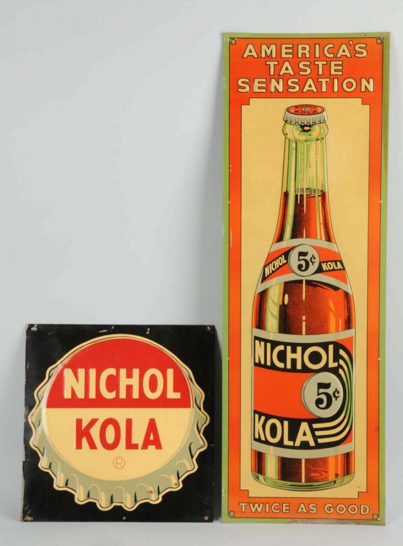 Lot of 2: Nichol Kola Tin Signs.: Includes Nichol Kola SST sign with staining and paper marks, and Nichol Kola sign with bottle cap graphics. Single sided tin embossed sign. Condition (7 5 - 8). Size largest 36x12 inches