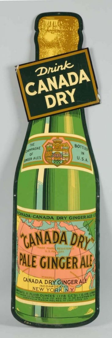 Drink Canada Dry Bottle Shaped Sign.: Single sided tin bottle shaped sign, has good color and shine, has general wear and minor scratches. Condition (8.5). Size 40" x 11".