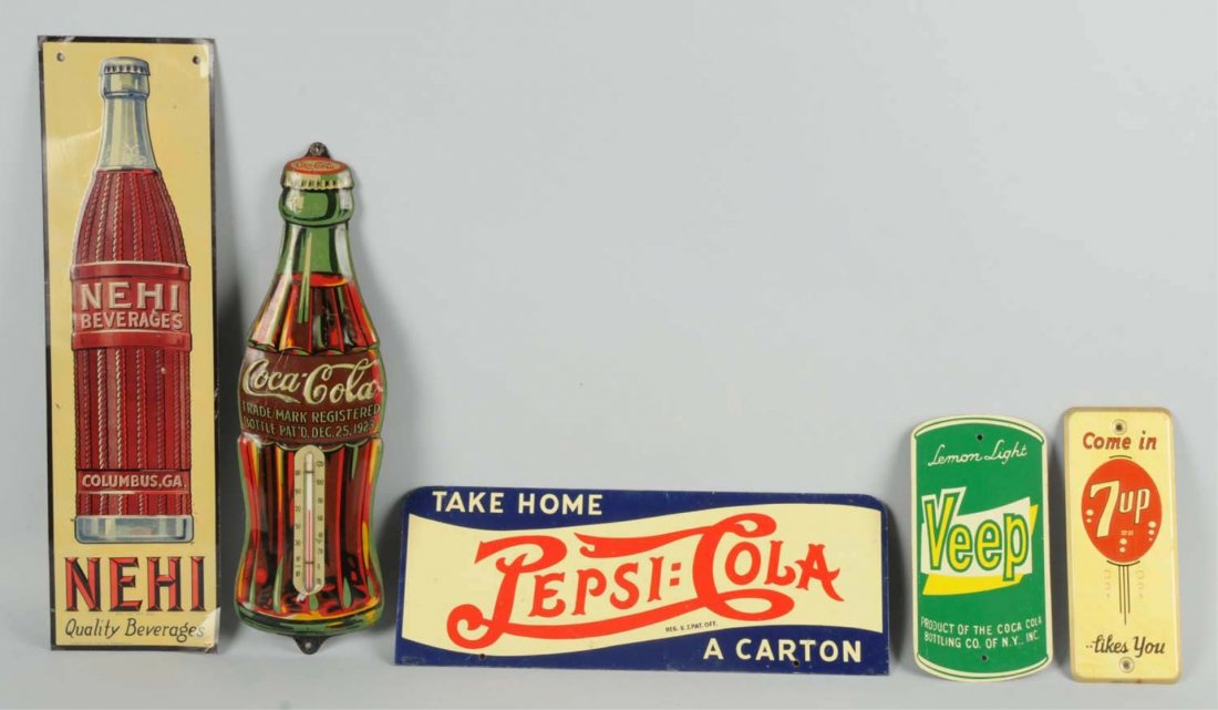 Lot of 5: Soda Related Advertising Pieces.: Lot includes Nehi Beverages single sided tin sign, Coca-Cola with trademark in the tail of the C tin embossed thermometer, tube appears good, 7up door push, Veep SST sign, and Pepsi-Cola with two dots