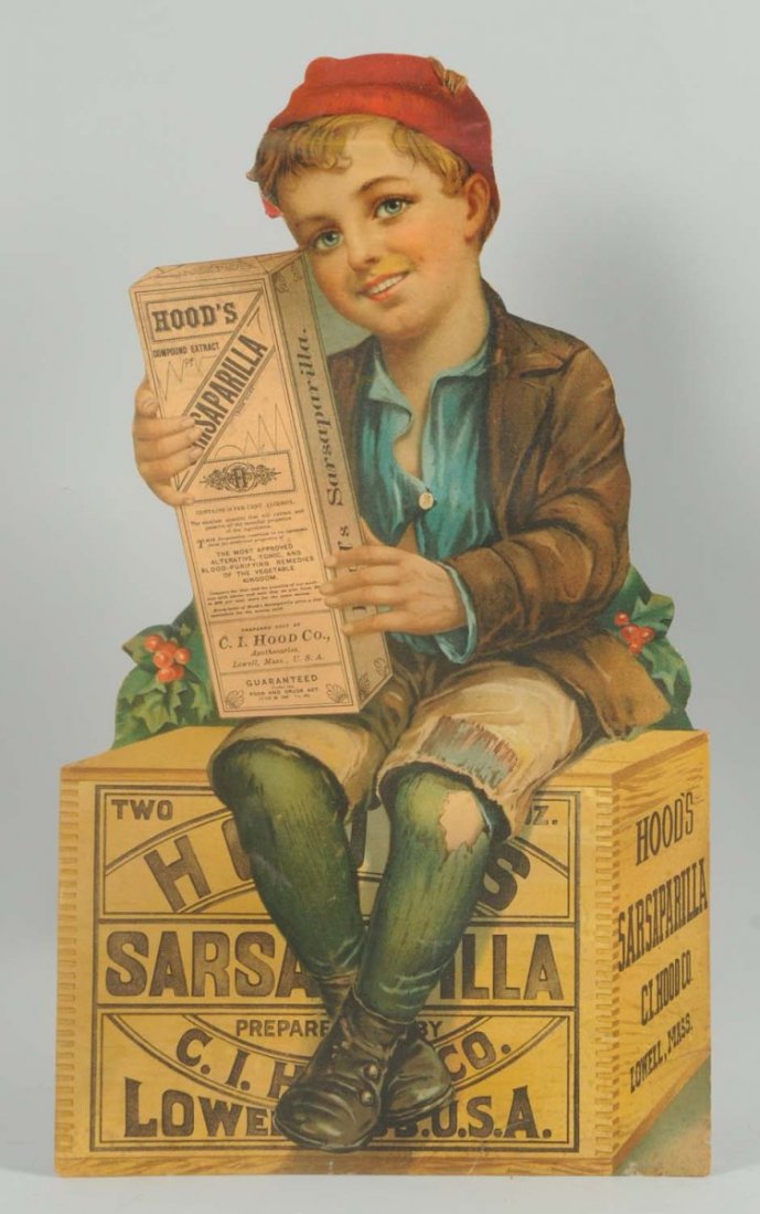 1906-10 Hood’s Sarsaparilla Cardboard Cutout.: Still with old easel light soiling, bend lower right corner, closed tears on left side and at top of hat, with nice repair and retouching in that area. Beautiful art and color on a rare piece! Conditi