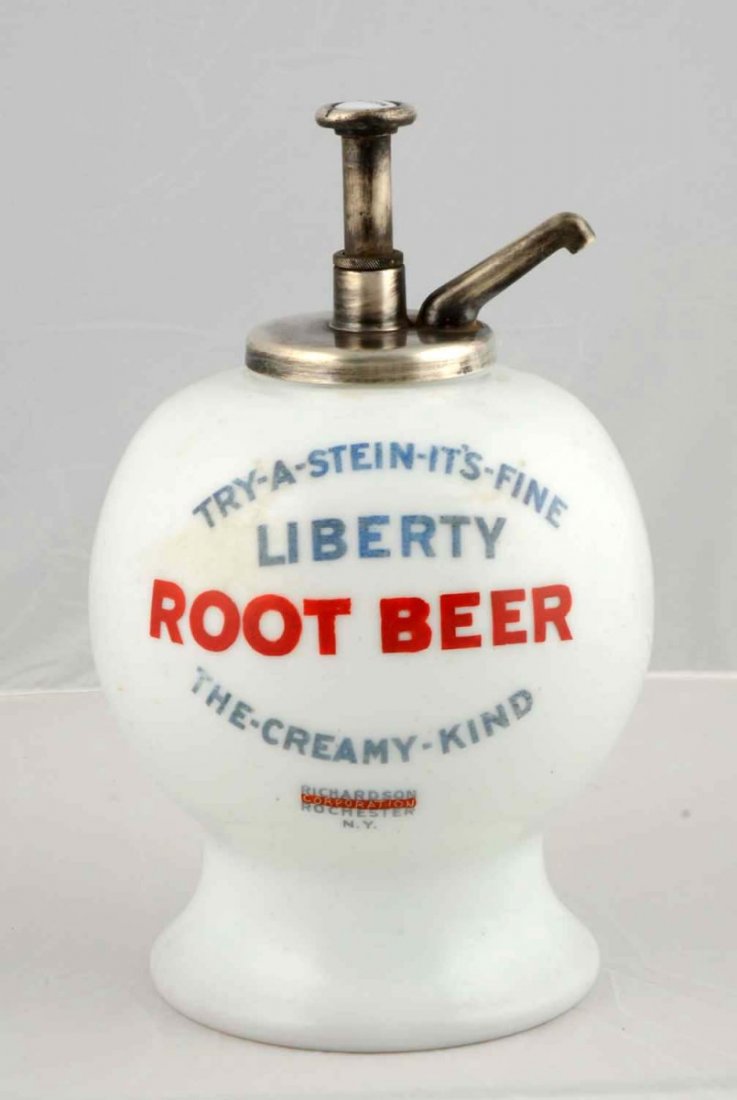 Liberty Root Beer Syrup Dispenser.: "Try a Stein, It's Fine", by Richardson Corp, Rochester New York. Milk or frosted glass. C.1920, ball shaped, original pump with Root Beer script. Condition (Near Mint). Size 14 - 1/2" T.