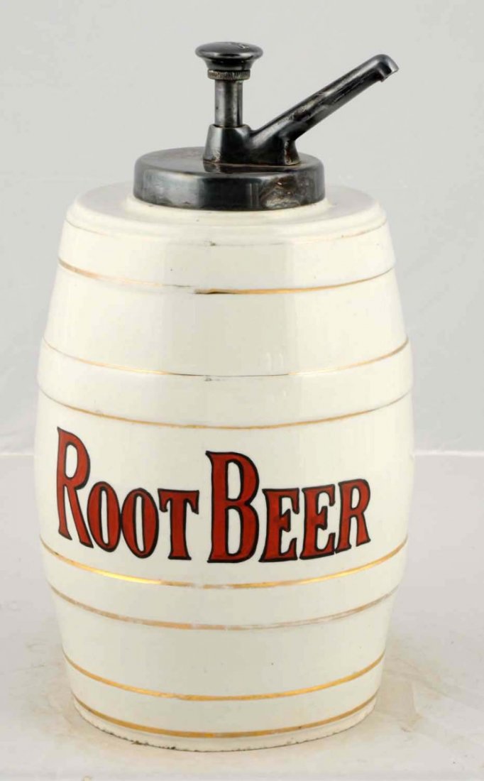 Root Beer Syrup Dispenser.: White barrel style with solid red lettering. Ceramic, original pump with Hire's Root Beer script. C.1920. A few very small chips under base. Condition (Excellent). Size 14" T.