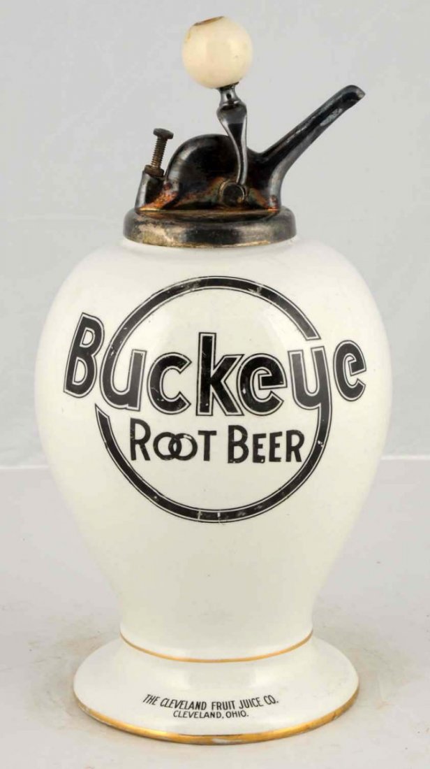Buckeye Root Beer Syrup Dispenser.: The Cleveland Fruit Juice Co., Cleveland Ohio. White with black lettering. Ceramic. Original ball style pump. C.1910. Condition (Near Mint). Size 15 - 1/2" T.