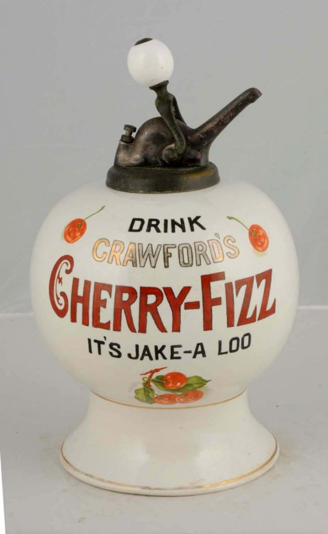 Crawford's Cherry-Fizz Syrup Dispenser.: "It's Jake a loo", has single cherry on top sides and cluster of three at lower front. Ceramic. c.1900. Ball shaped, original ball pump. Beautiful condition. Condition (Near Mint). Size 15" T.