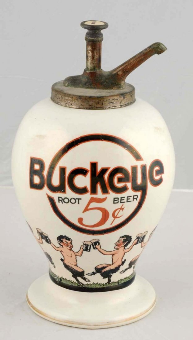 Buckeye Root Beer Syrup Dispenser.: Five cents shows dancing centaurs. Ceramic. C.1920. Original pump with Root Beer script. Condition (Near Mint). Size 14 - 3/4" T.