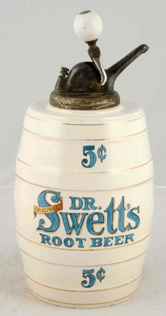 Dr. Swett's Root Beer Syrup Dispenser.: Five cent white with blue lettering, barrel style, ceramic. Original pump. C.1920. Condition (Near Mint). Size 16" T.