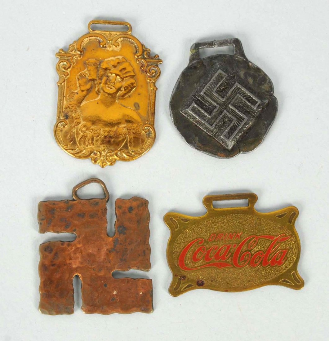 Lot of 4: Coca-Cola Watch Fobs.: All are believed to be old and authentic with moderate wear. Condition (Excellent - Near Mint). Size Largest: 1 - 3/4" T.