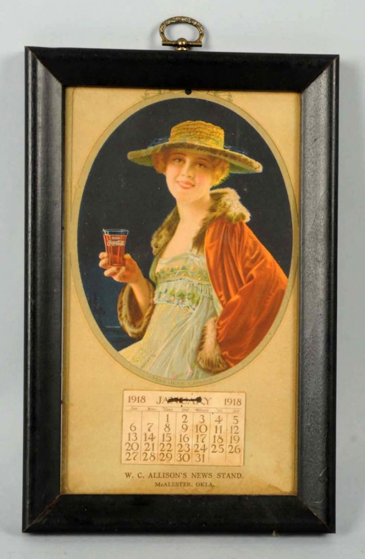1918 Coca-Cola Distributors Calendar.: Framed under glass so that both sides are visible. Full pad with light soiling and a few medium stains. Condition (Very Good). Size Framed: 9 - 3/4" x 6 - 1/4".