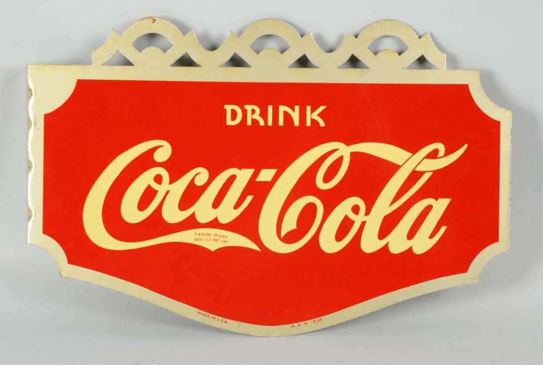 Awesome 1937 Coca-Cola Tin Flange Sign.: As nice an example of this sign as can be found! Very strong and rich deep paint without the usual light rusting or other weakness problems usually always seen on these signs! Just the lightest of soi