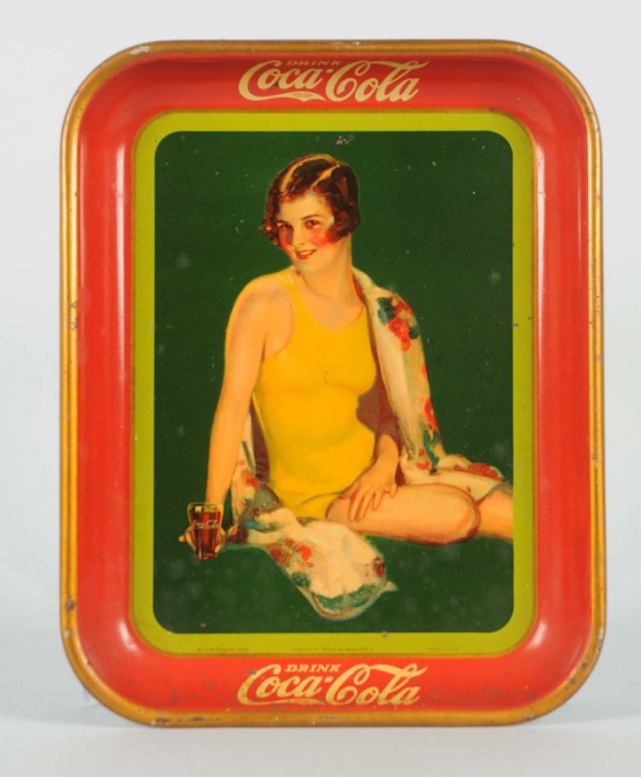 1929 Coca-Cola Serving Tray.: Some surface pitting stains in the bottom portion and border area. With small to medium marks and rim nicks. Condition (Very Good). Size 13 - 1/4" x 10 - 1/2".