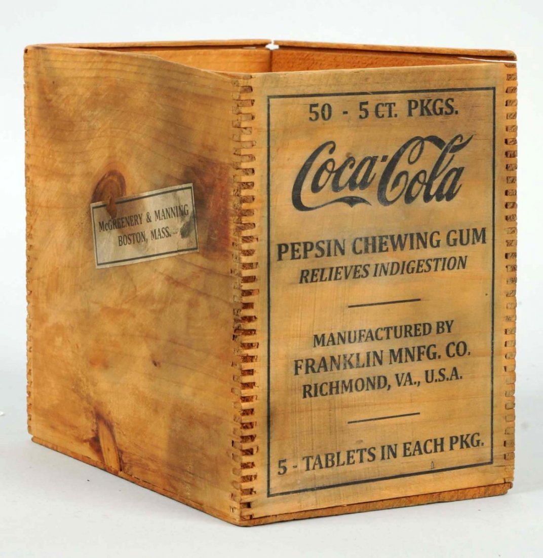 Rare Form Coca-Cola Gum Small Wooden Shipping Box: Quite clean with strong stamp on one end of this dove tailed box. The original sliding lid is long gone, but still retained is the paper label of the merchant in Boston who sold the gum contents! Cond