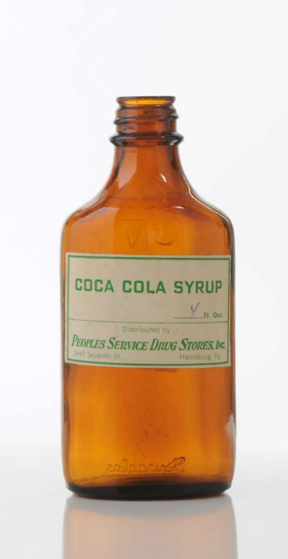 1940s-50s Coca-Cola Syrup Bottle.: The label is from Peoples service Drug Store in Harrisburg, Pa. Bottle has no wear. Condition (Near Mint). Size 5" T.