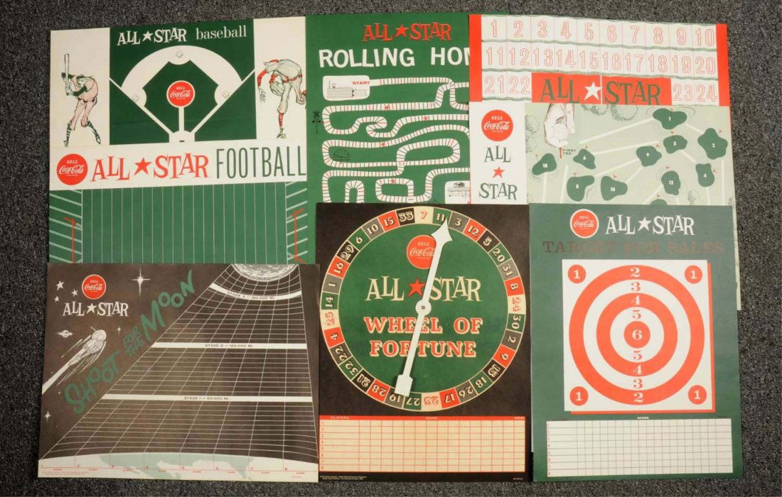 Coca-Cola All-Star Wheel of Fortune Game Set.: Promotional aid for sales contests used by the company in the 50's. Largely complete with numerous large sheets, some used, for contests and bottler staff sales promotions. Unusual find. Condition (Ex