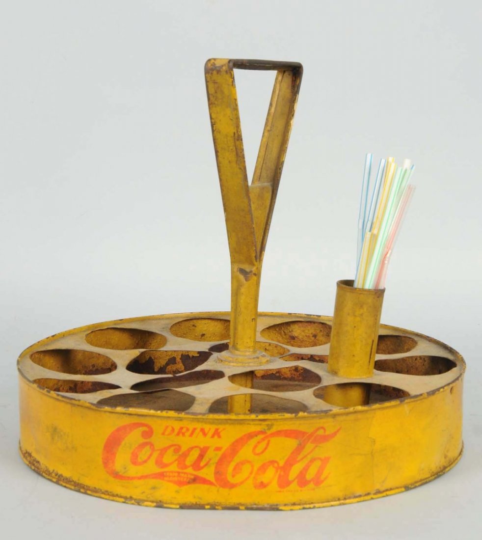 Very Early Coca-Cola Ballpark Vendor/Carrier.: Includes incorporated straw holder and features logo on two sides. Heavier overall wear and rust with a small break in the metal divider and some dents and paint chipping. Condition (Good). Size 11" T