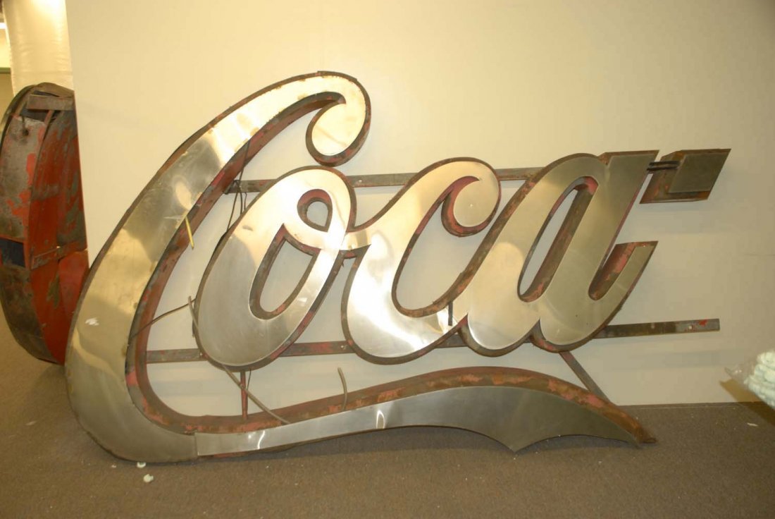 Lg. Coca Cola Stainless & Neon 1930s Outdoor Sign: Rare and impressive Coca-Cola building neon sign. Beautiful and rare form and construction from the 1930s and made by Flexlume Electrical Advertising Co. in Buffalo, New York. Construction consists of