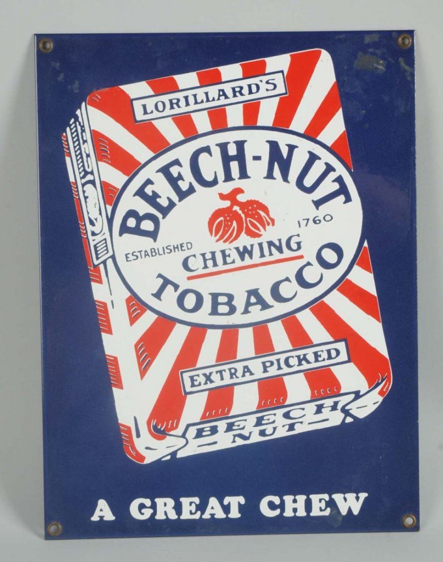Porcelain Beech-Nut Tobacco Sign.: Some light soiling. Reproduction. Condition (Excellent). Size 12" x 9".