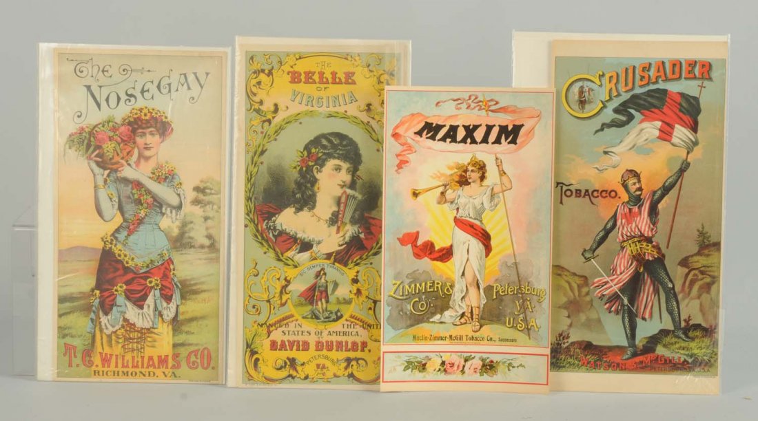Lot of 4: Cigar Labels.: Includes Maxim, Nose Gay, Bell of Virginia and Crusader. Nice grouping with excellent color and detail. Date from the late 1800s. Condition (Excellent). Size Largest: 13 - 1/2" x 7".