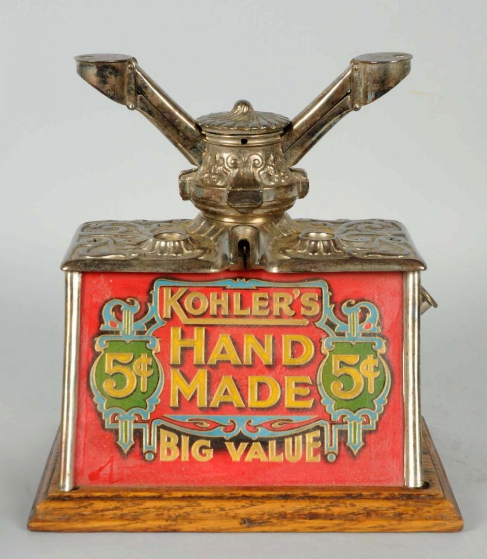 Cigar Cutter with Kohler's Advertising.: Nickel plated, oak base, big fancy dual cutters. C.1890. Size 10 - 1/2" T.