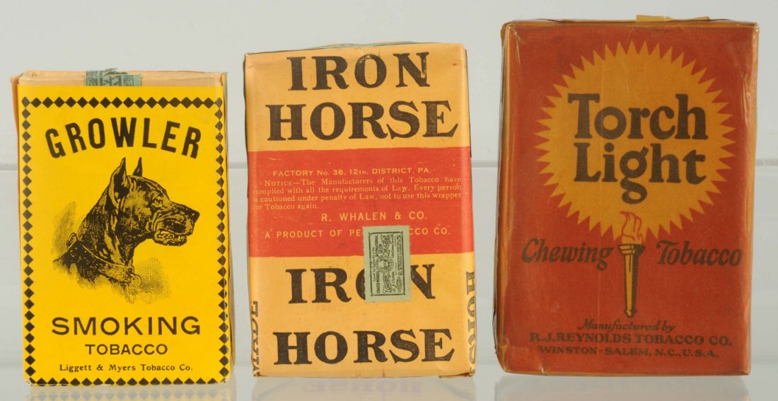 Lot of 3: Tobacco Packs.: Includes Growler, Iron Horse and Torch Light. All are full. Condition (Near Mint). Size Largest: 5 - 1/4" T.