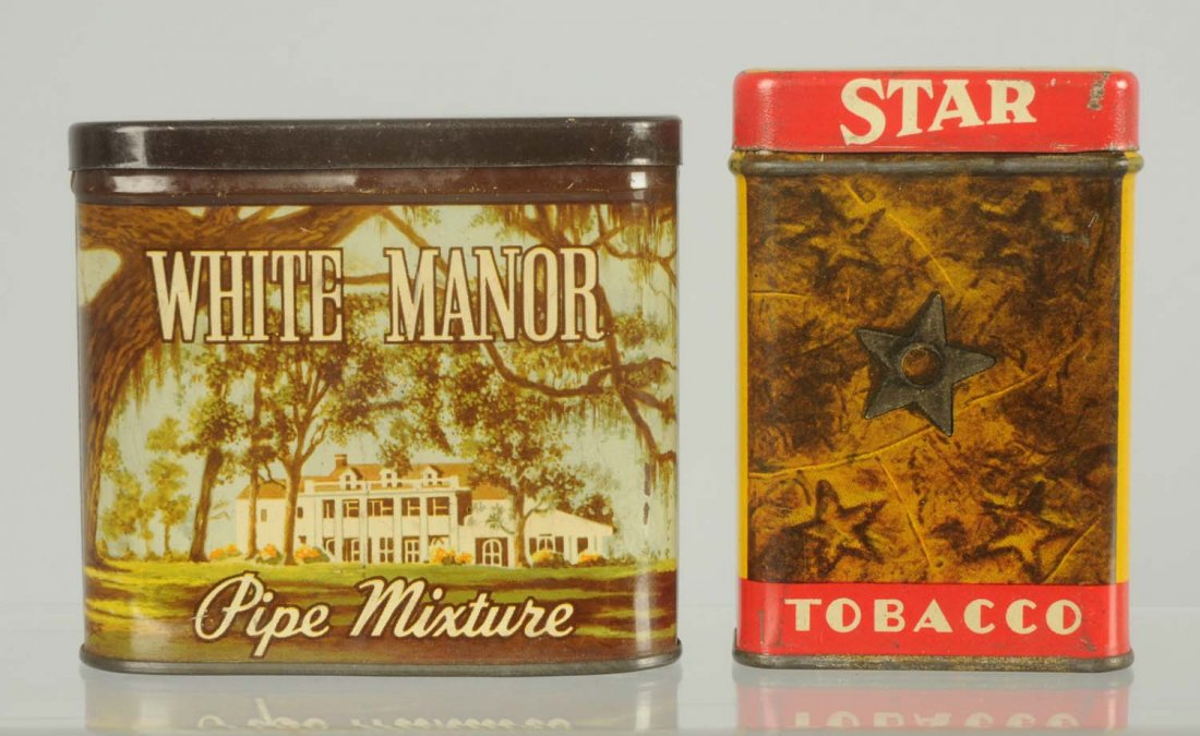 Lot of 2: Tobacco Tins.: Includes White Manor Pipe Mixture and Star Tobacco. Little to no wear. Condition (Excellent). Size Largest: 3 - 1/2" L.