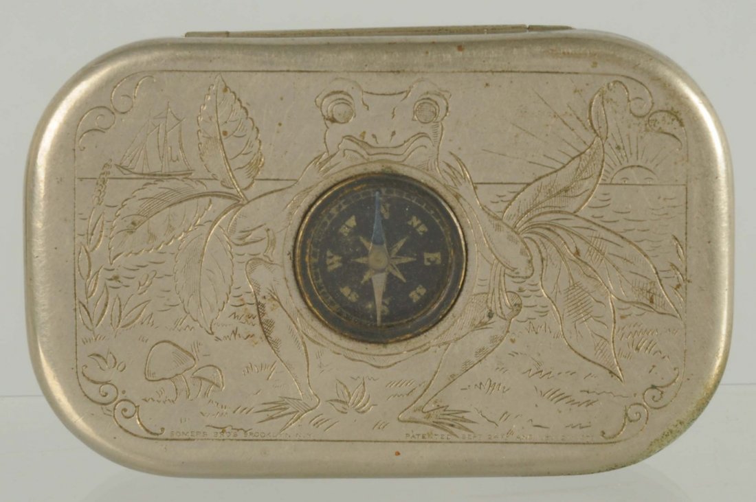 Rose Leaf Chewing Tobacco Tin.: P. Lorillard & Co. Unusual tin with engravings on top and bottom. Top has what appears to be a frog with a compass in the center. Bottom has engravings of Rose Leaf and P. Lorillard & Co. Minimal amou
