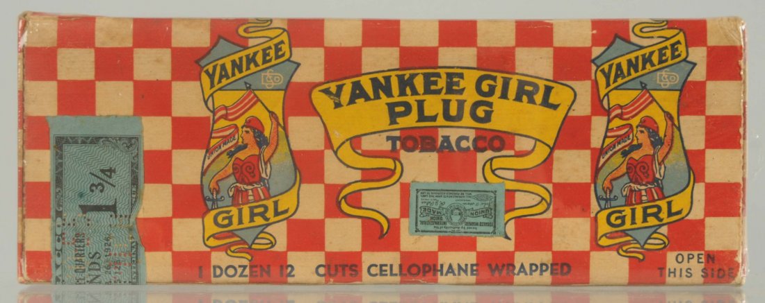 Yankee Girl Plug Tobacco Box.: Unopened package. Contains one dozen cuts of wrapped tobacco. Manufactured by the Scott and Dylan Co. of Detroit, Michigan. Tax stamp dated 1926 is present. Condition (Near Mint). Size 8 - 1/2" L.