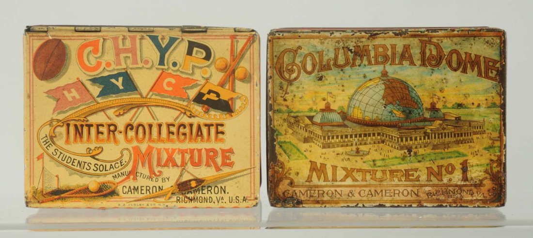 Lot of 2: Tobacco Mixture Tins.: Includes a Intercollegiate by Cameron and Cameron. Nice overall condition with some modest flaking on the right hand side. Second is a rare Columbia Dome very desirable tin rarely seen. Has general ov