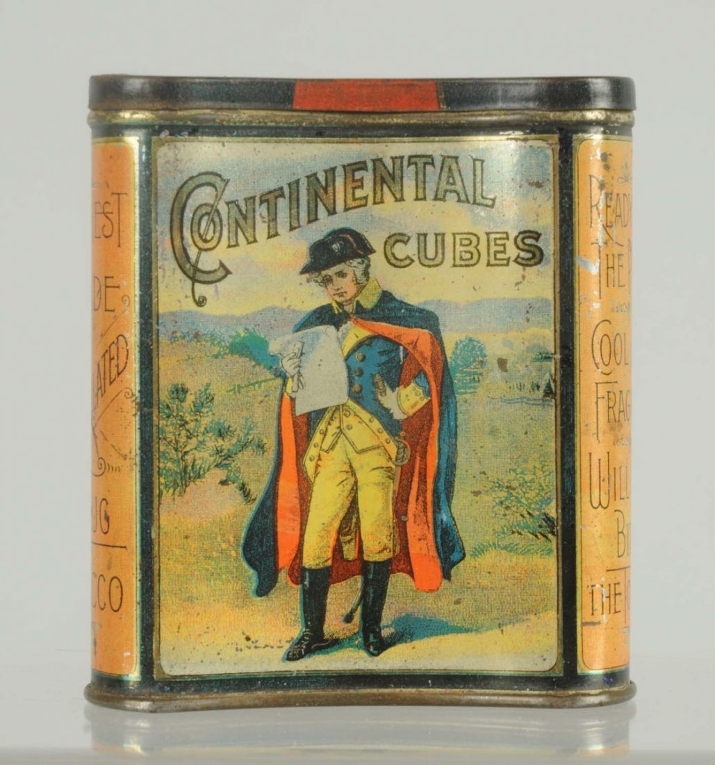 Continental Cubes Pocket Tobacco Tin.: Offers outstanding colors and shine. A few light surface marks. Some spots of oxidation on the lid. Lid fits snuggly but hinge has been detached. Condition (Excellent). Size 3 - 3/4" T.