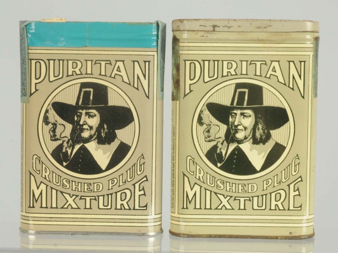 Lot of 2: Puritan Pocket Tobacco Tins.: From the Continental Tobacco Co. and Phillip Morris Co. One has never been opened. Other has some color discoloration to the tax stamp. Condition (Excellent). Size Each: 4 - 1/2" T.