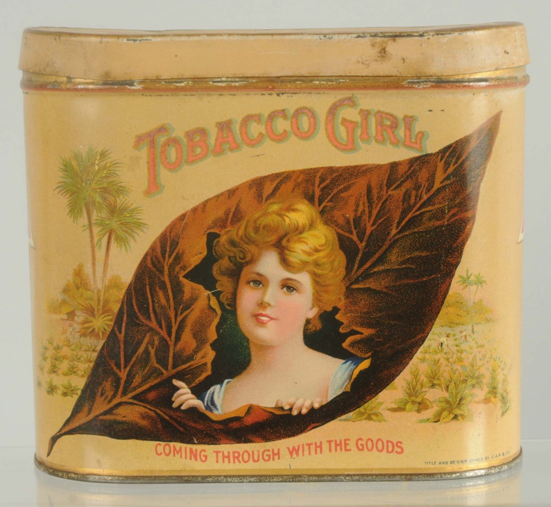 Tobacco Girl Cigar Tin.: Very nice example. Nice detail and color throughout. Tad of light wear to the top. Condition (Excellent). Size 5 - 1/2" T.