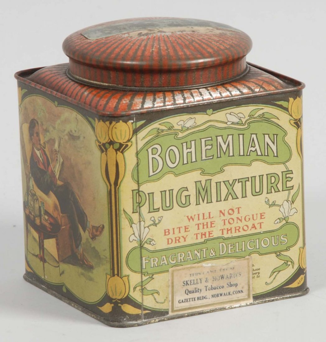 Bohemian Plug Mixture Tobacco Tin.: By the Serbrug Company of Richmond Virginia and New York City. Very rare tin that does not come to the market very often. Some modest light wear to the top of the lid. Still has the remnants of the or